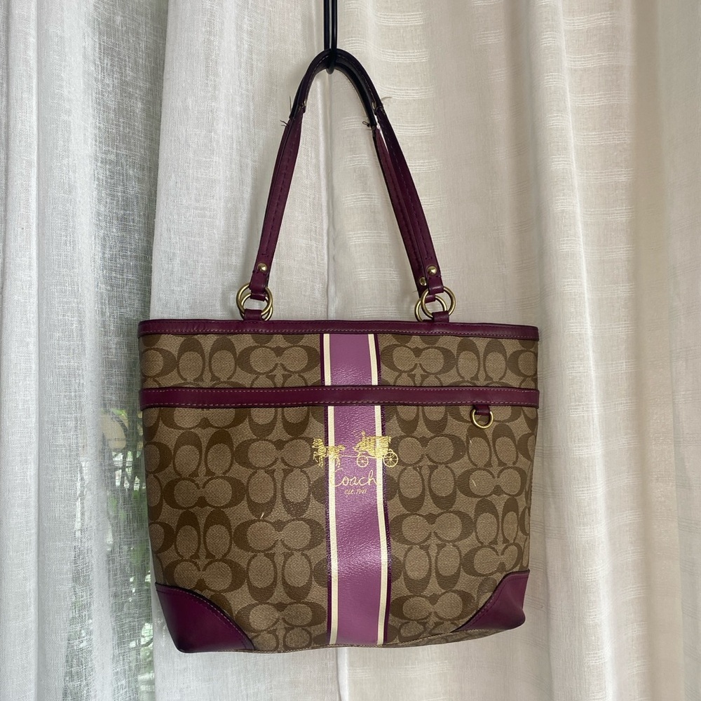 Coach 12358 Signature Coated Heritage Stripe Tote - Berry - Picture 16 of 16